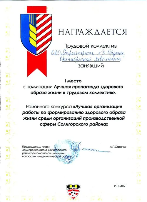 Диплом за первое место в номинации &quot;Лучшая пропаганда здорового образа жизни в трудовом коллективе&quot; районного смотра-конкурса &quot;Лучшая организация работы по формированию здорового образа жизни среди организаций производственной сферы Солигорского района&quot;  